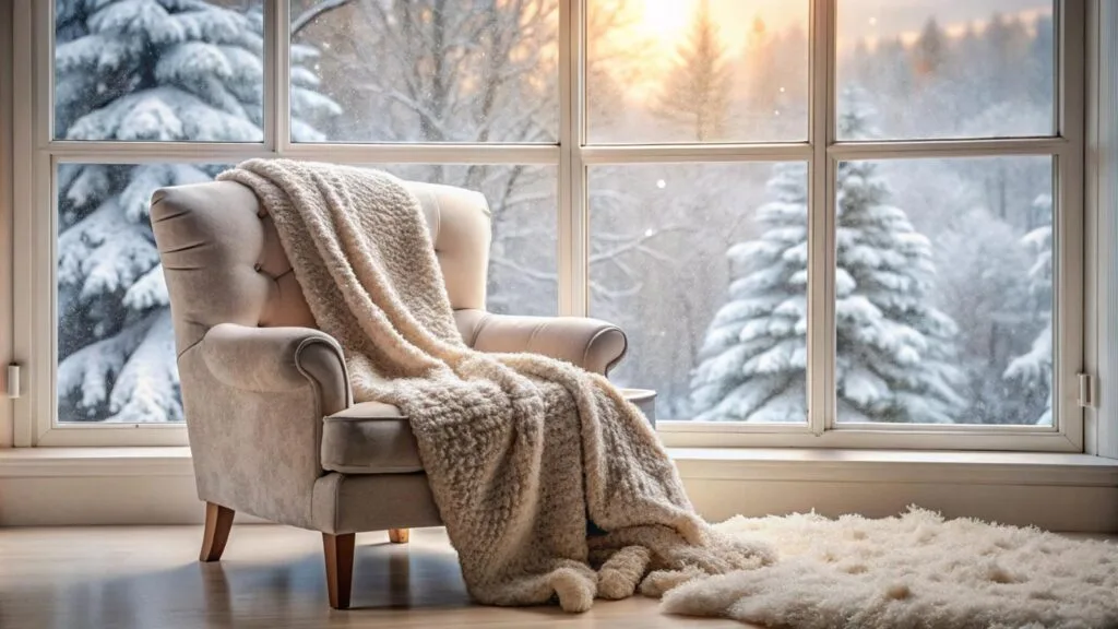 Showing inside of cozy home with a couch and blanket, with a view of snow behind the window to show energy, efficient, windows, and doors