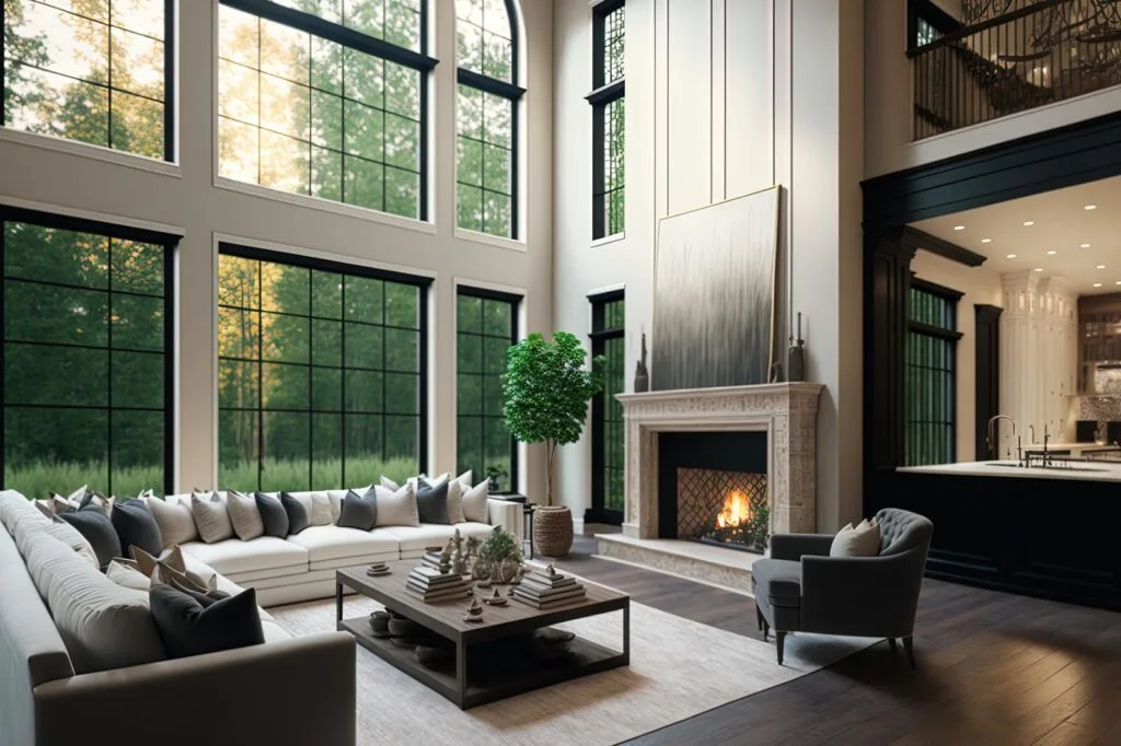 Showing a house living space with high ceiling and custom designed windows in black frame and grids