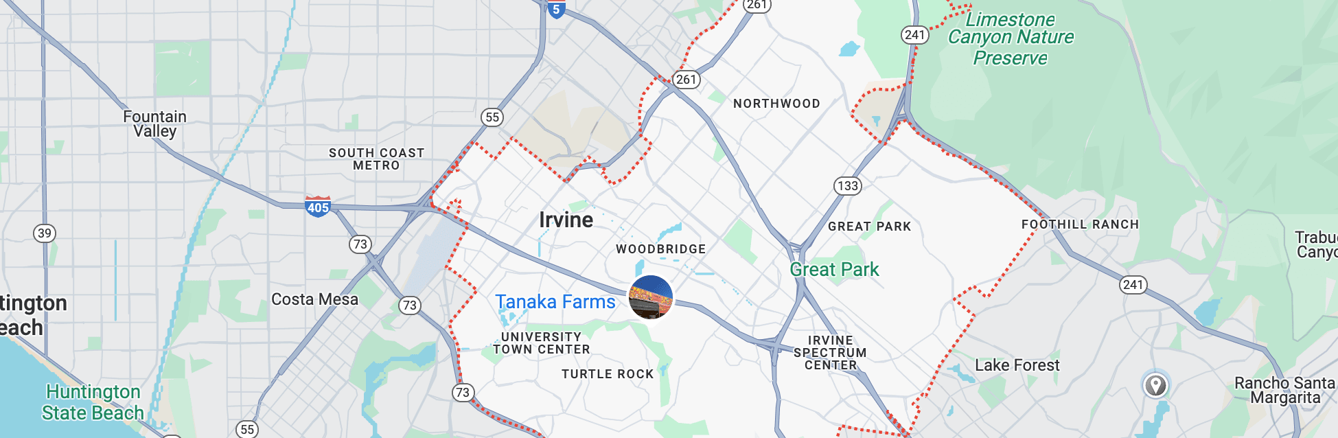 Map of XO Window Systems service areas in Irvine, CA, including Woodbridge and Shady Canyon.